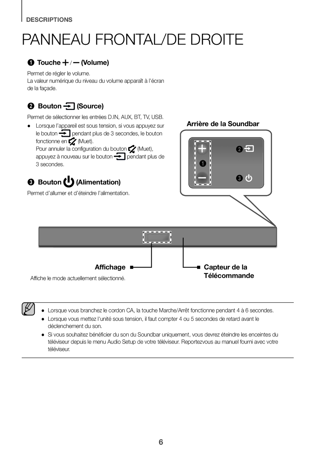 Samsung HW-K335/EN manual Panneau FRONTAL/DE Droite, Permet d’allumer et d’éteindre l’alimentation 