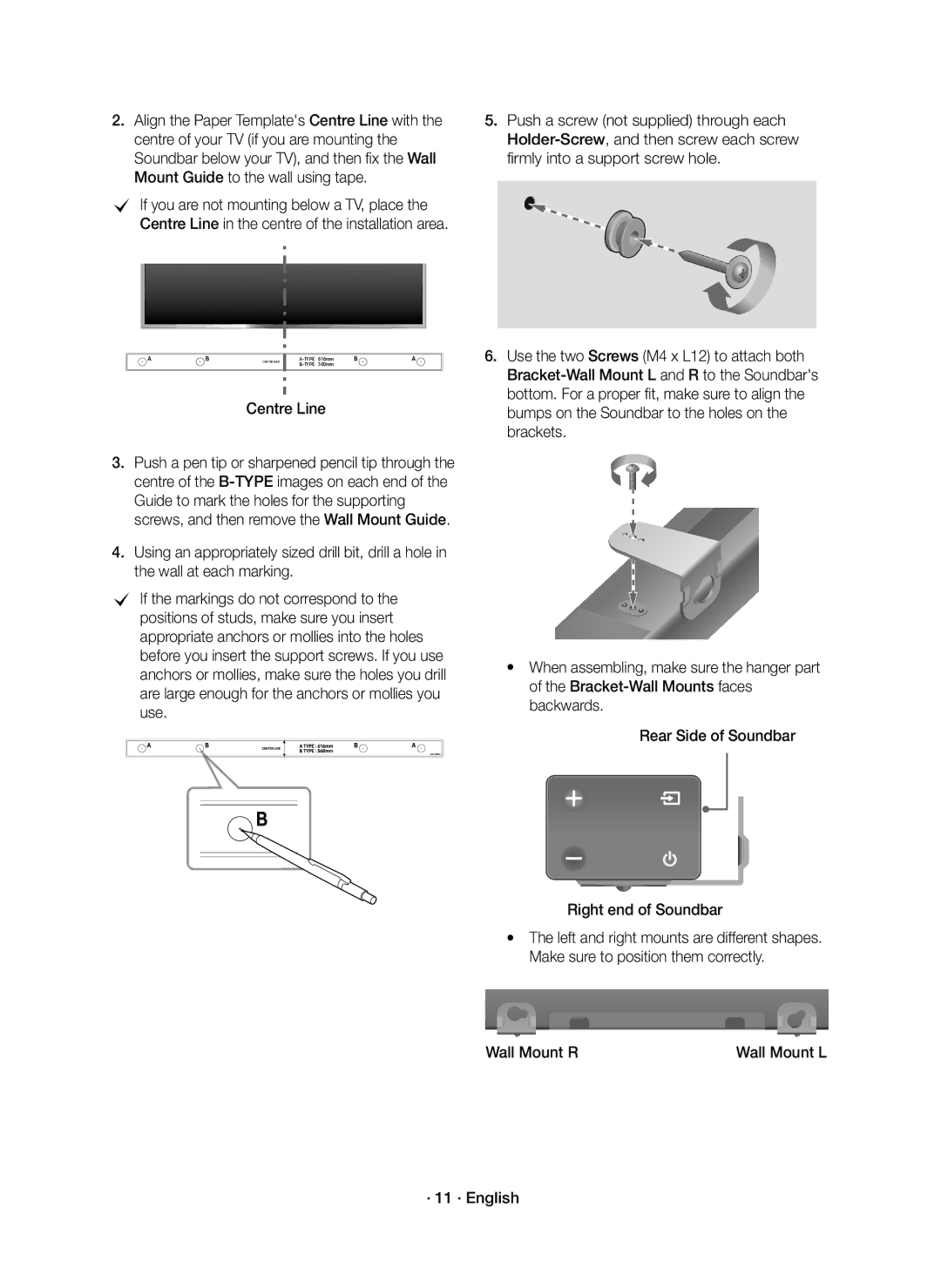 Samsung HW-K335/EN manual Centre Line, Wall Mount R Wall Mount L · 11 · English 