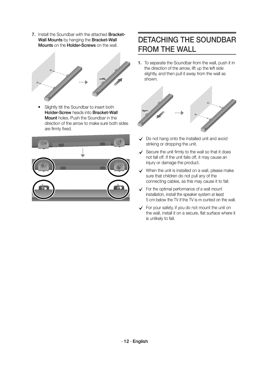 Samsung HW-K335/EN manual Detaching the Soundbar from the Wall 