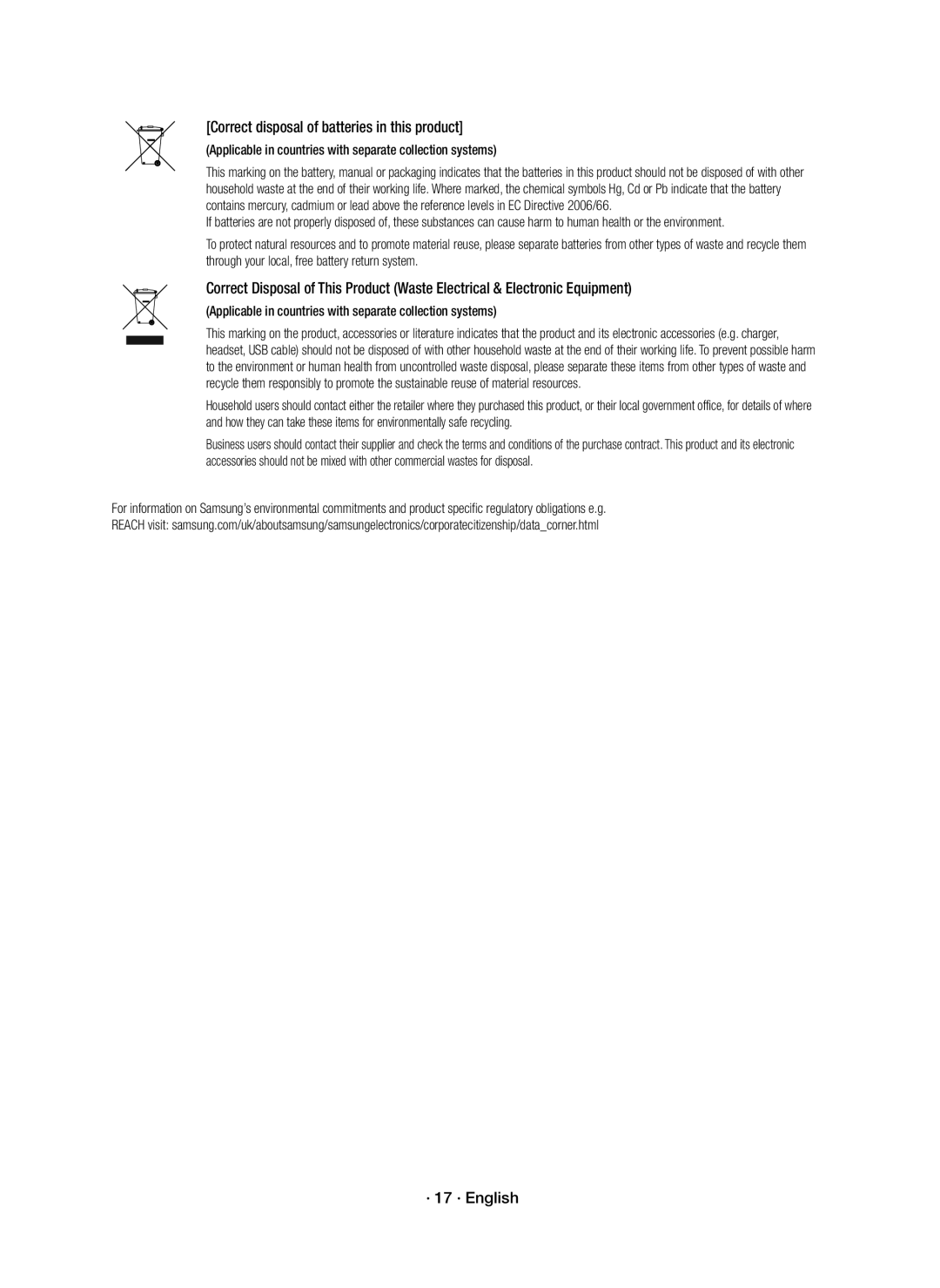 Samsung HW-K335/EN manual Correct disposal of batteries in this product, · 17 · English 