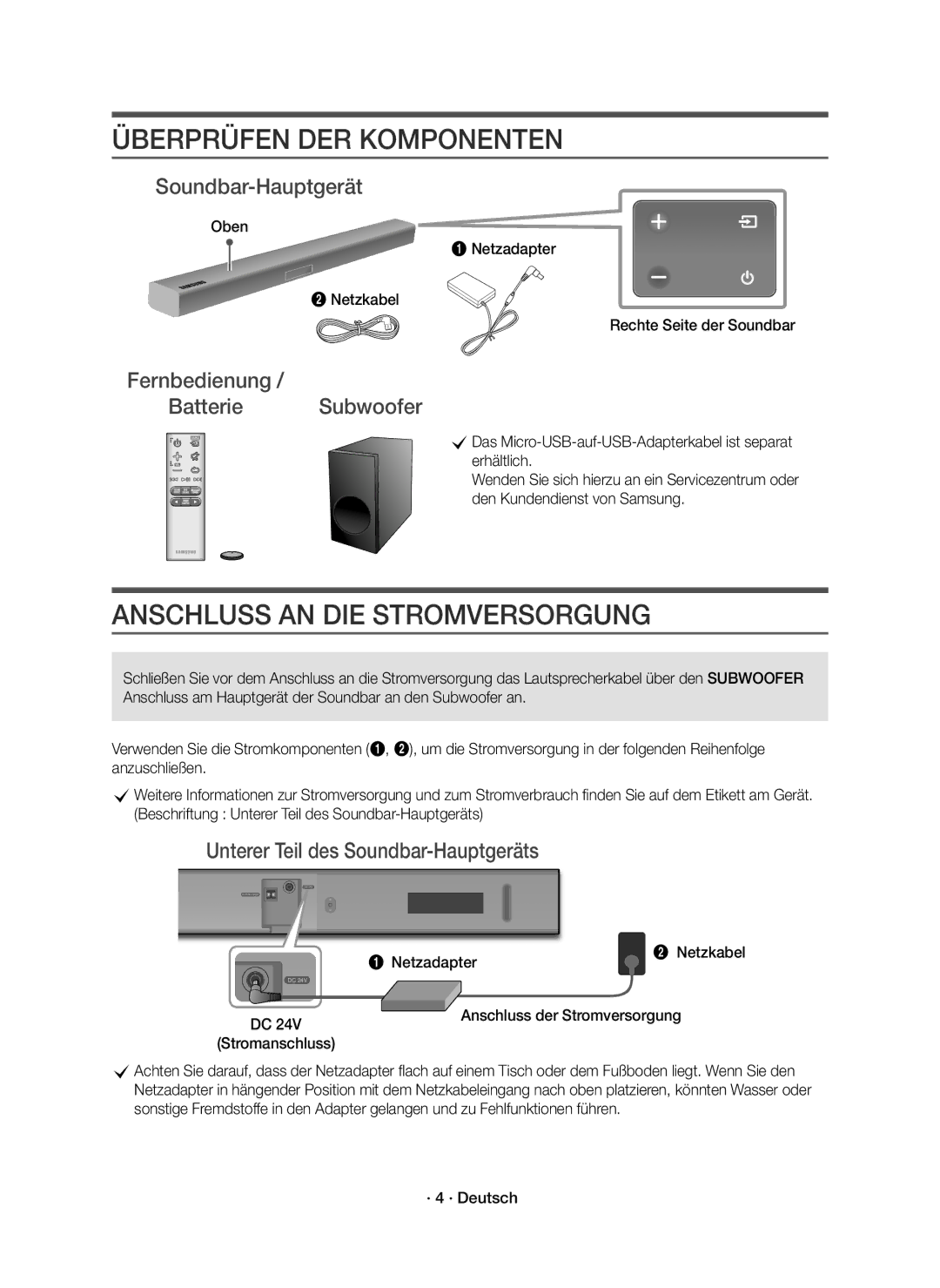 Samsung HW-K335/EN manual Überprüfen DER Komponenten, Anschluss AN DIE Stromversorgung, Soundbar-Hauptgerät 