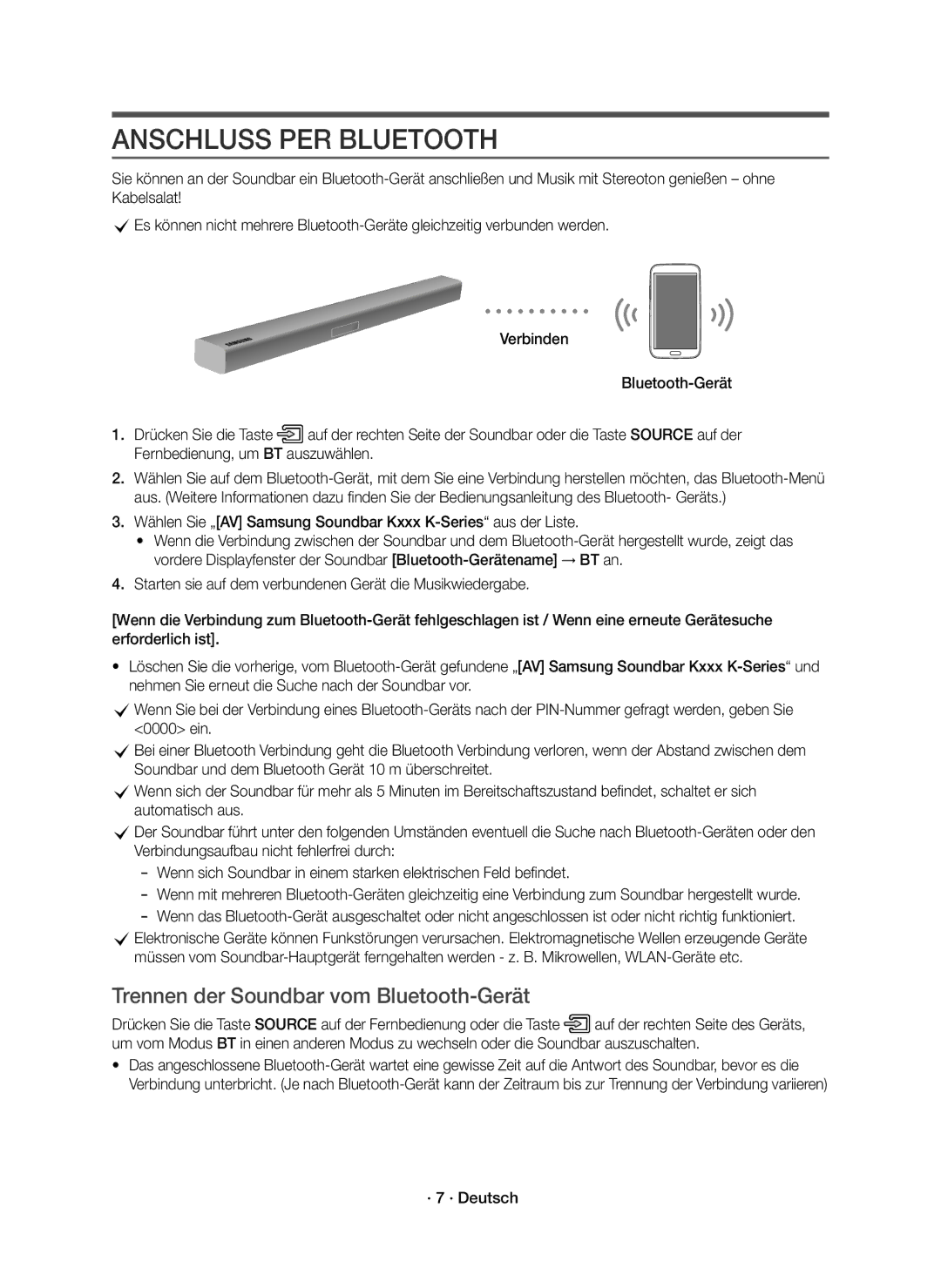 Samsung HW-K335/EN manual Anschluss PER Bluetooth, Trennen der Soundbar vom Bluetooth-Gerät, · 7 · Deutsch 