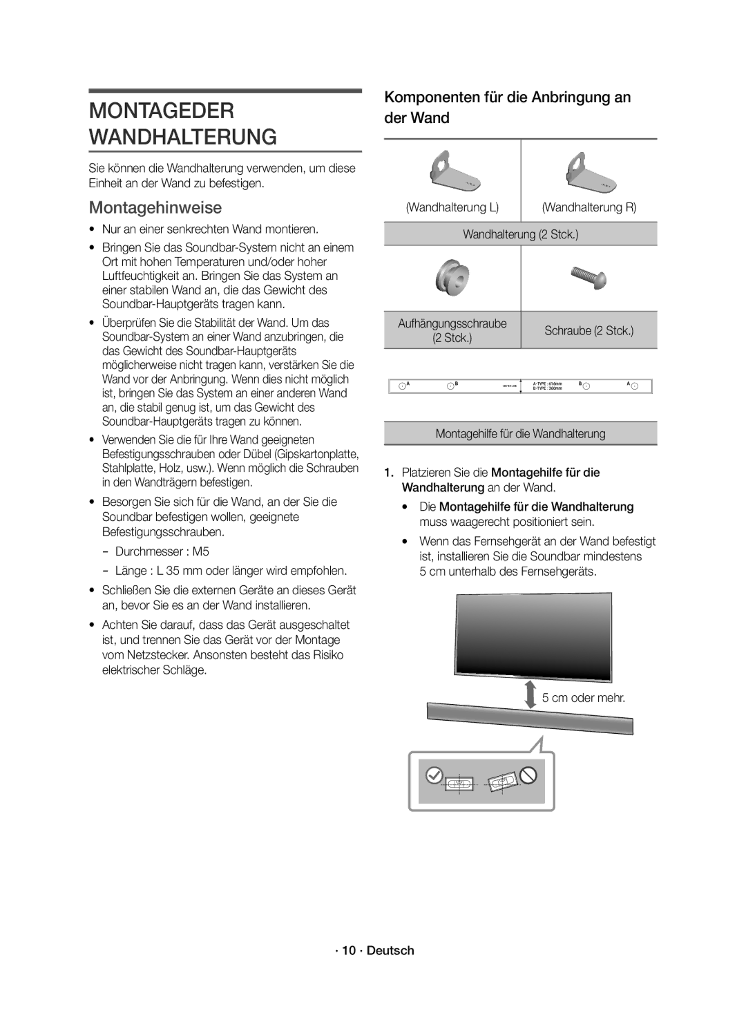 Samsung HW-K335/EN manual Montageder Wandhalterung, Montagehinweise 