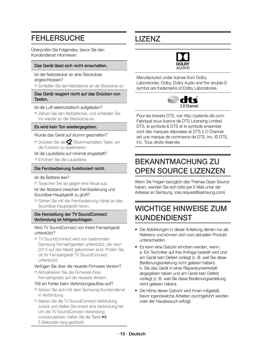 Samsung HW-K335/EN manual Fehlersuche, Lizenz, Wichtige Hinweise ZUM Kundendienst 