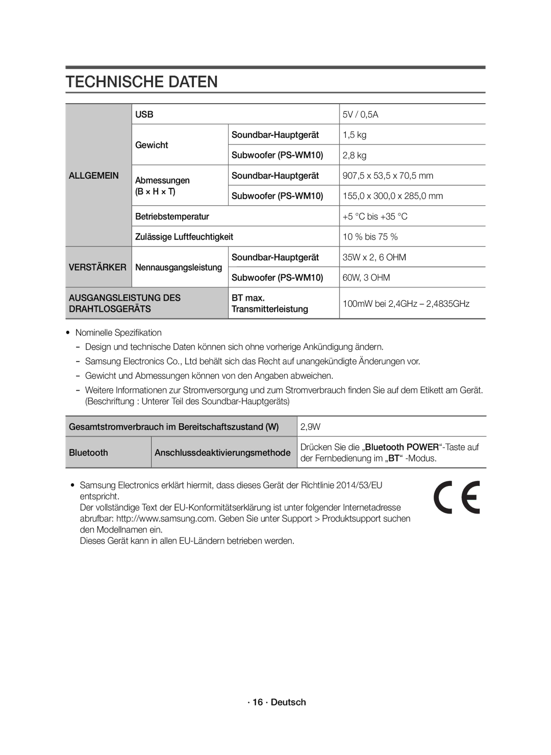 Samsung HW-K335/EN manual Technische Daten, Allgemein, Verstärker, Ausgangsleistung DES, Drahtlosgeräts 