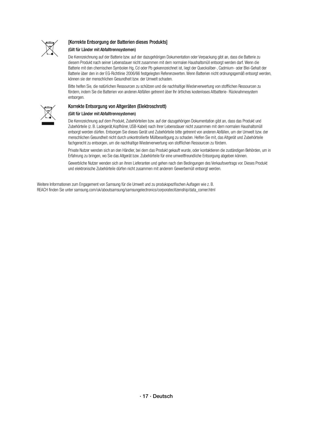 Samsung HW-K335/EN Korrekte Entsorgung der Batterien dieses Produkts, Korrekte Entsorgung von Altgeräten Elektroschrott 