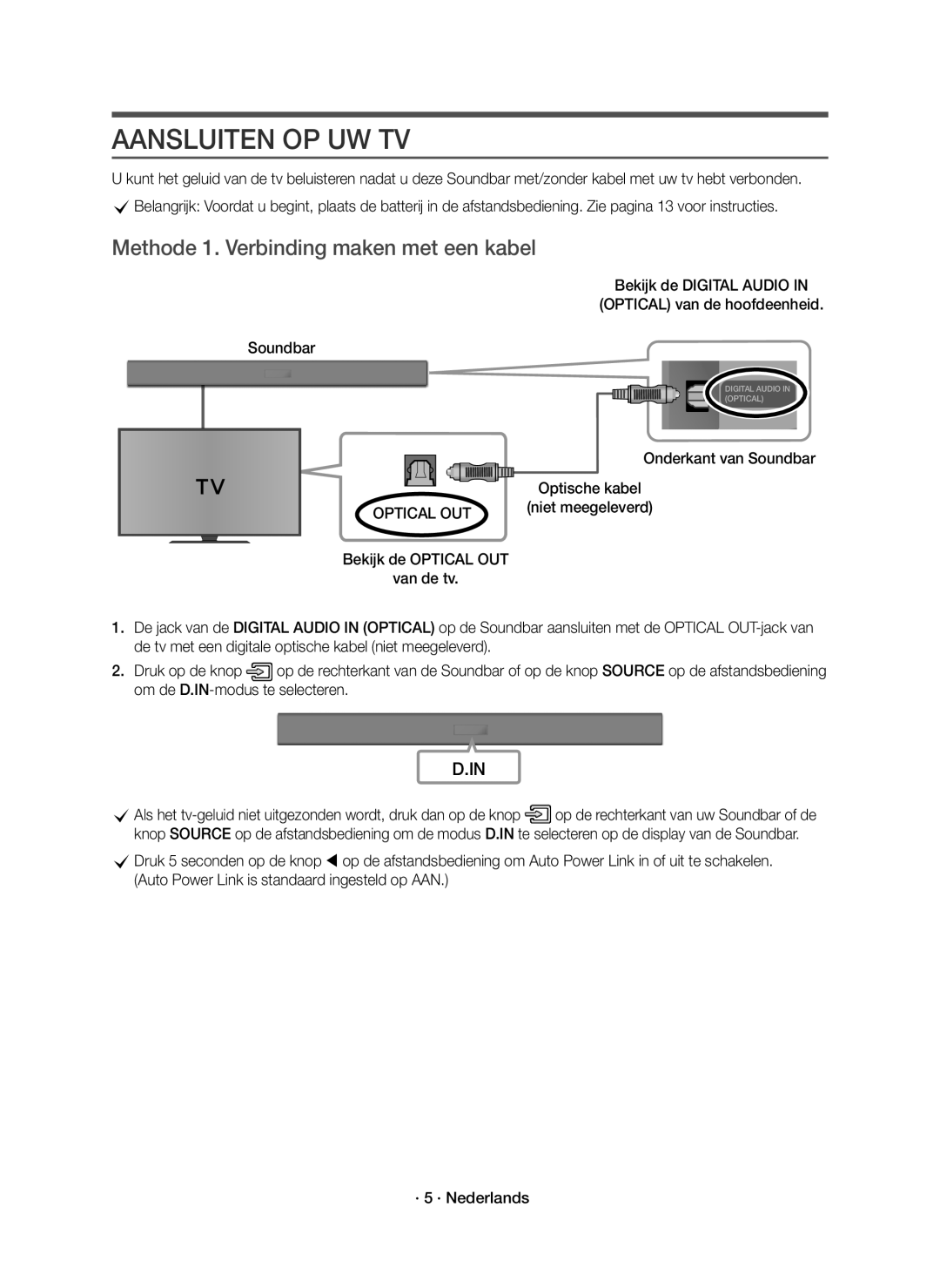 Samsung HW-K335/EN manual Aansluiten OP UW TV, Methode 1. Verbinding maken met een kabel, Onderkant van Soundbar 