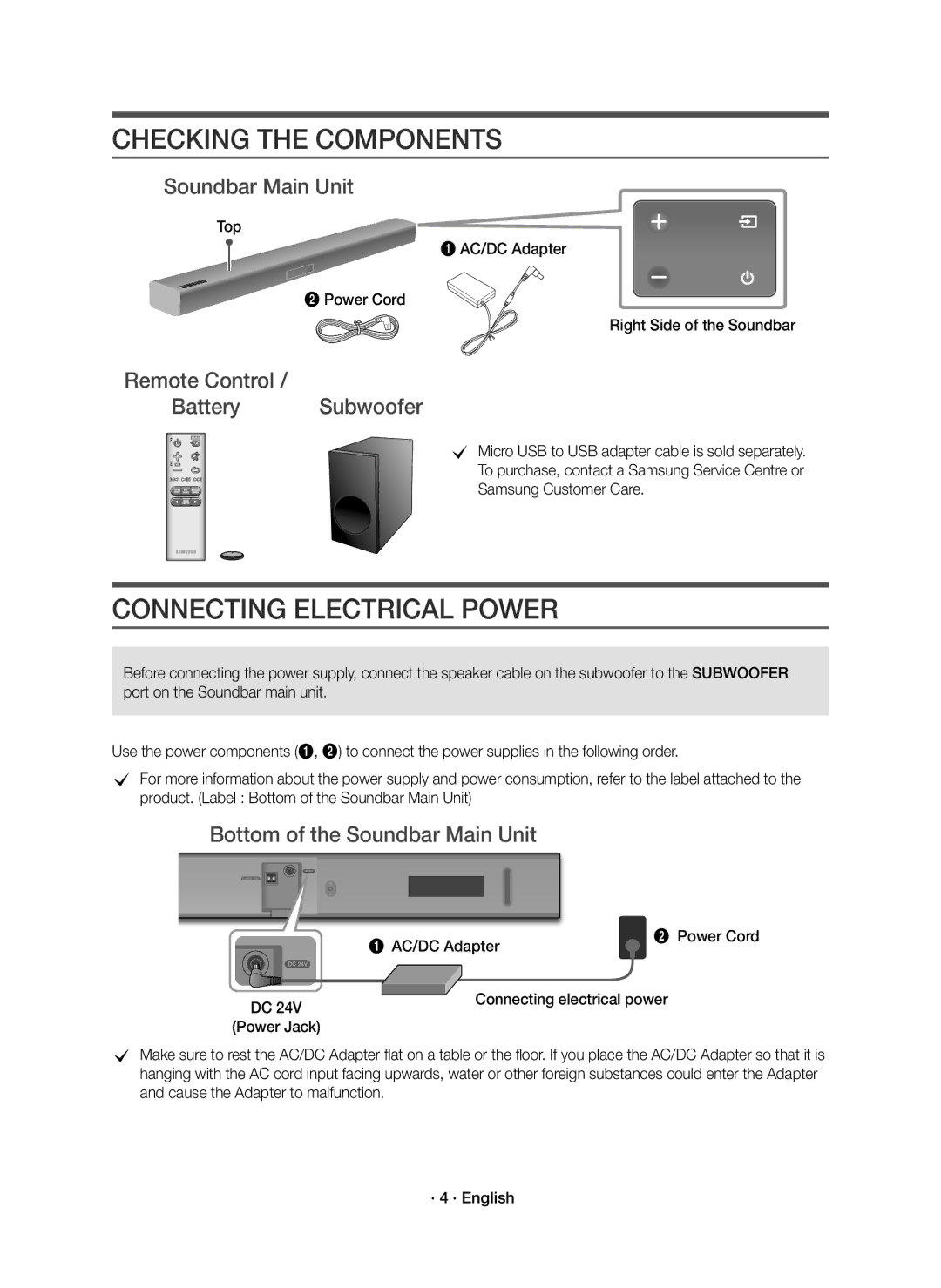 Samsung HW-K335/EN manual Checking the Components, Connecting Electrical Power, Soundbar Main Unit 