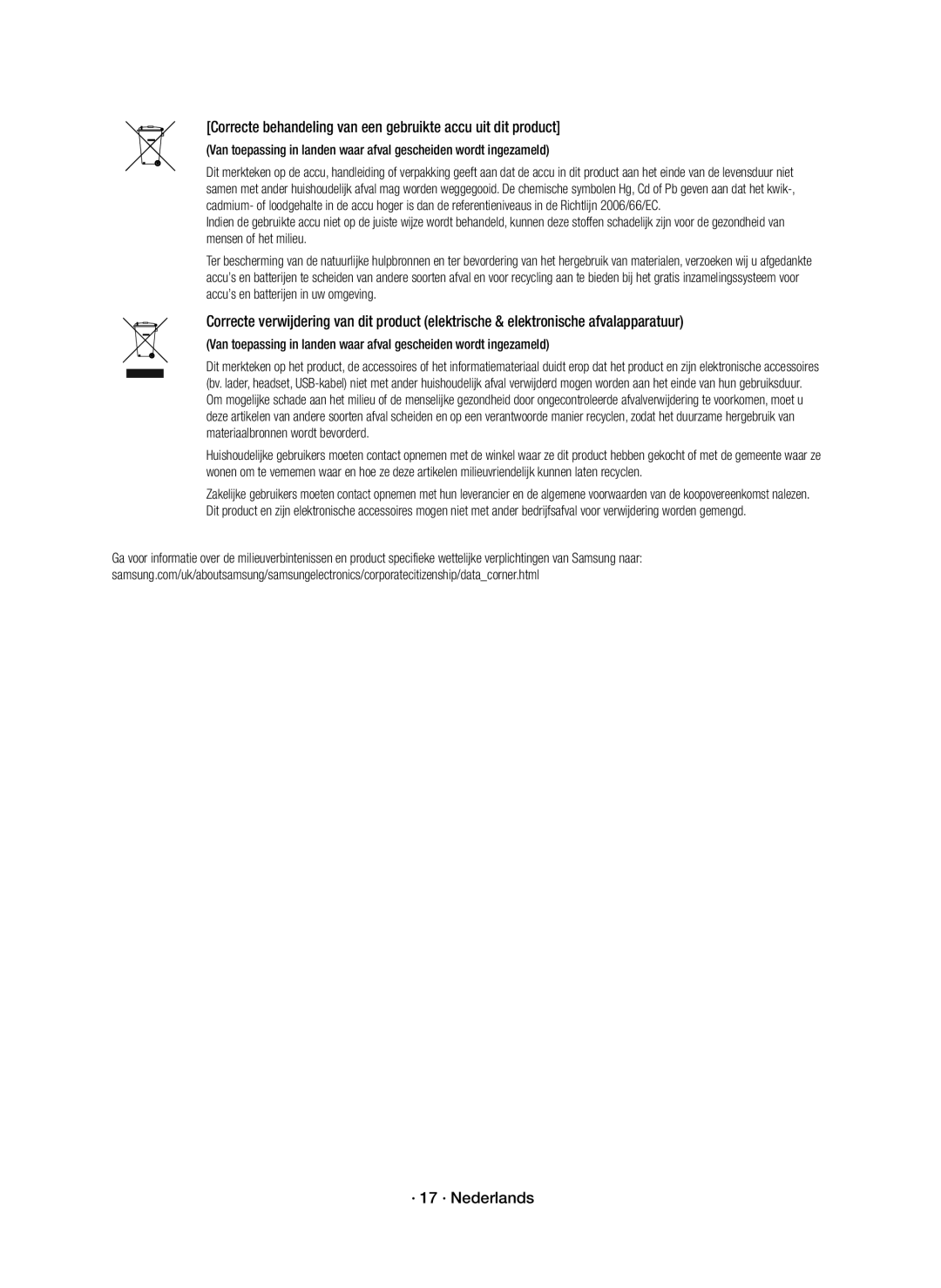 Samsung HW-K335/EN manual Correcte behandeling van een gebruikte accu uit dit product, · 17 · Nederlands 