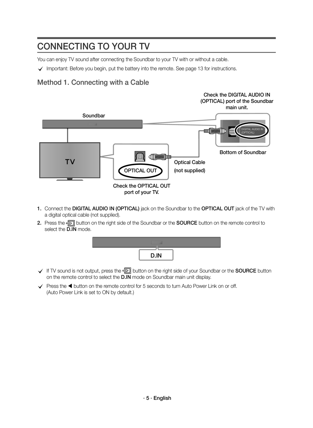 Samsung HW-K335/EN manual Connecting to Your TV, Method 1. Connecting with a Cable, Bottom of Soundbar, Optical OUT 