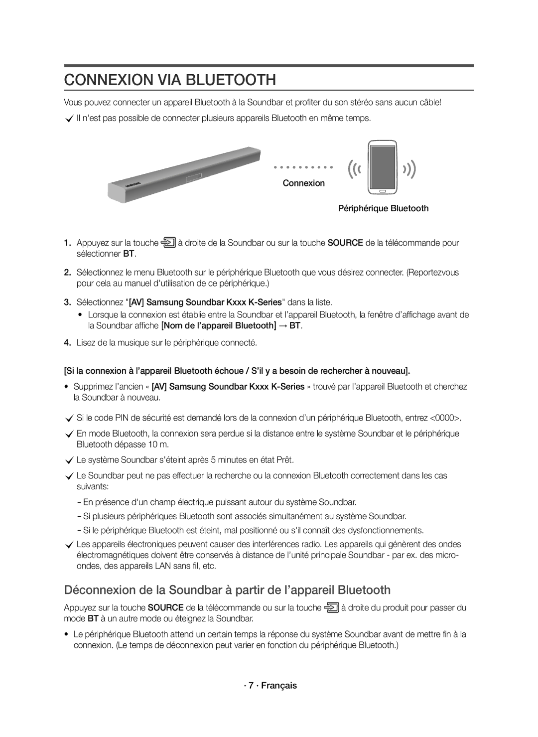 Samsung HW-K335/EN Connexion VIA Bluetooth, Déconnexion de la Soundbar à partir de l’appareil Bluetooth, · 7 · Français 