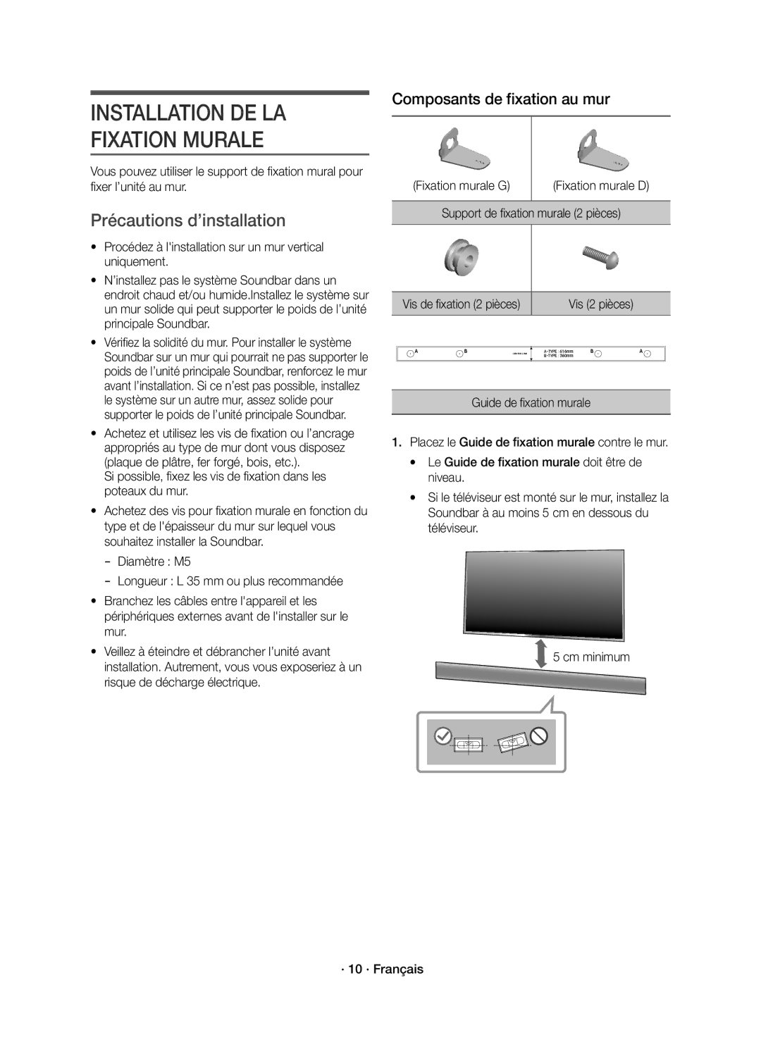 Samsung HW-K335/EN manual Installation DE LA Fixation Murale, Précautions d’installation, Fixation murale G 