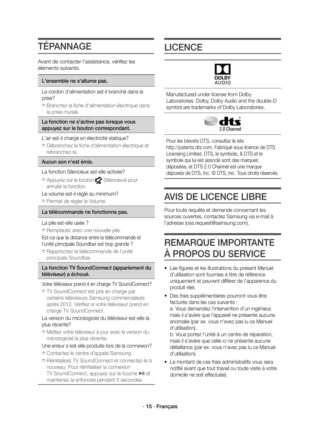 Samsung HW-K335/EN manual Tépannage, Avis DE Licence Libre, Lair est-il chargé en électricité statique? 