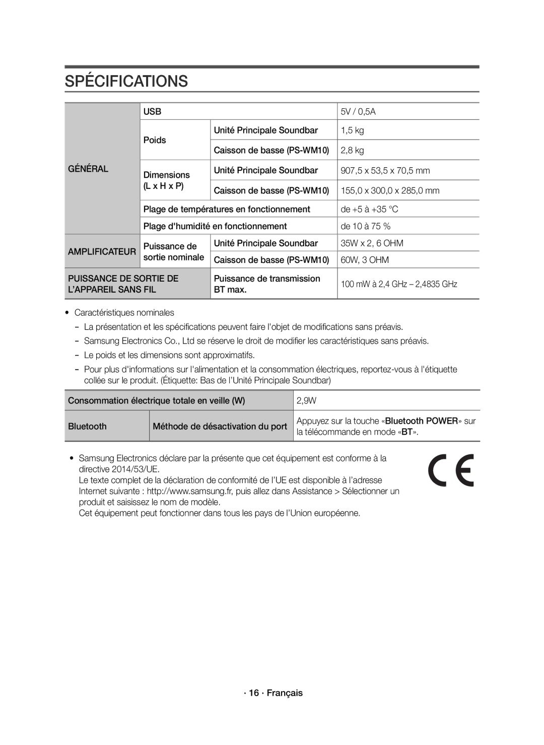 Samsung HW-K335/EN manual Spécifications, Général, Amplificateur, Puissance DE Sortie DE, ’APPAREIL Sans FIL 