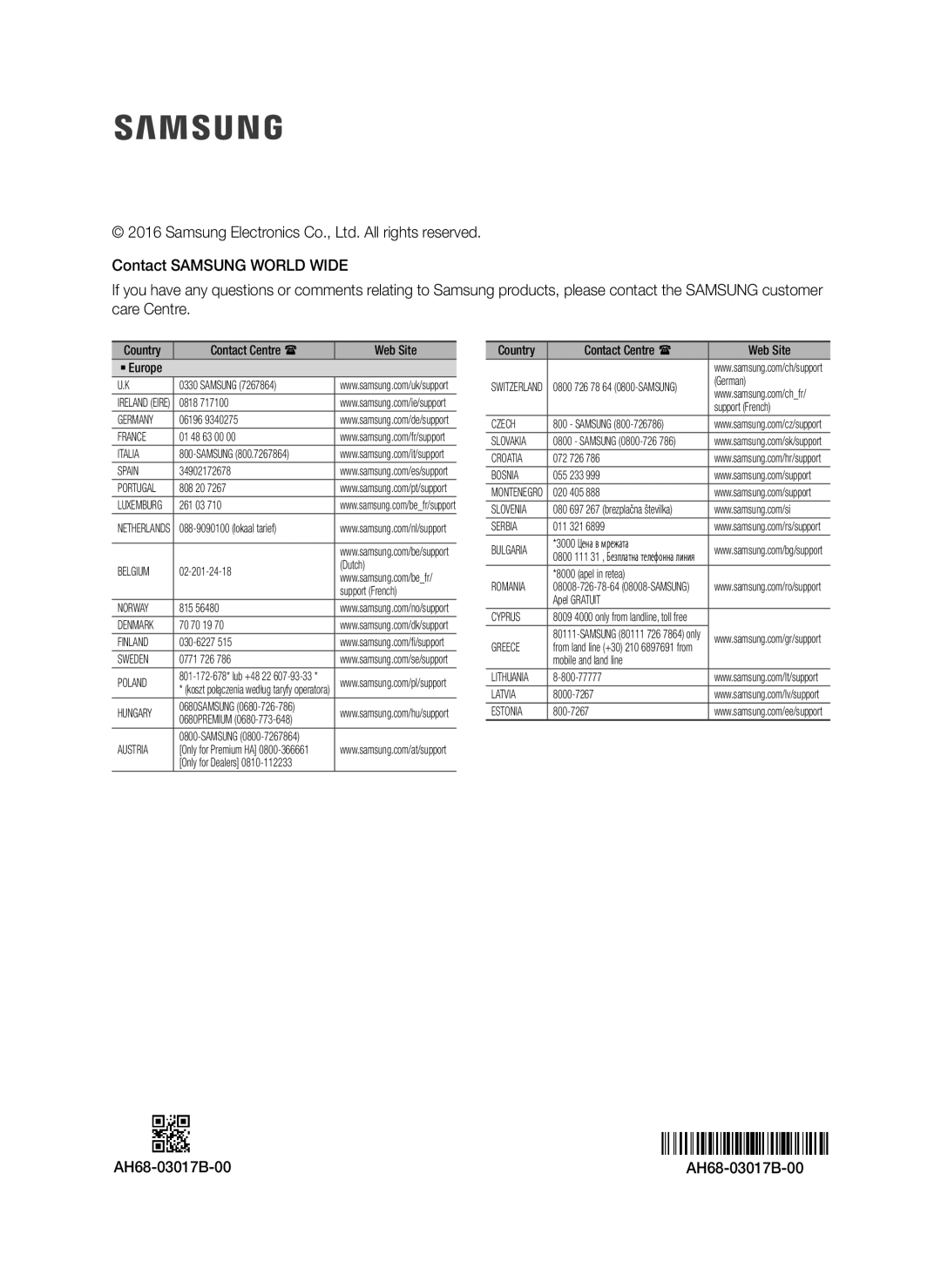 Samsung HW-K335/EN manual AH68-03017B-00, Country Contact Centre  Web Site ` Europe 