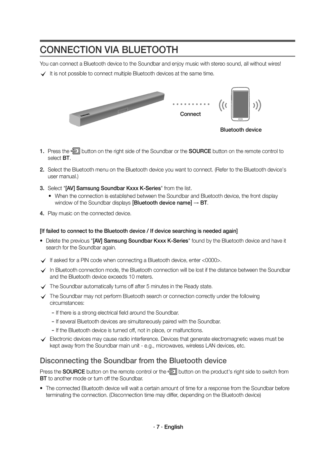 Samsung HW-K335/EN manual Connection VIA Bluetooth, Disconnecting the Soundbar from the Bluetooth device, · 7 · English 