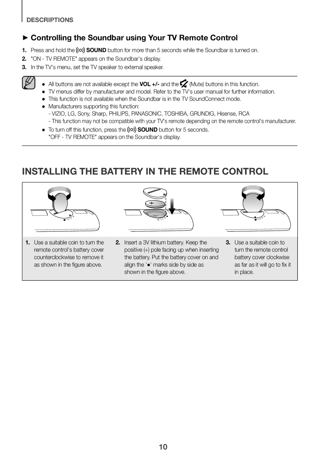 Samsung HW-K335/ZG Installing the Battery in the Remote Control, ++Controlling the Soundbar using Your TV Remote Control 