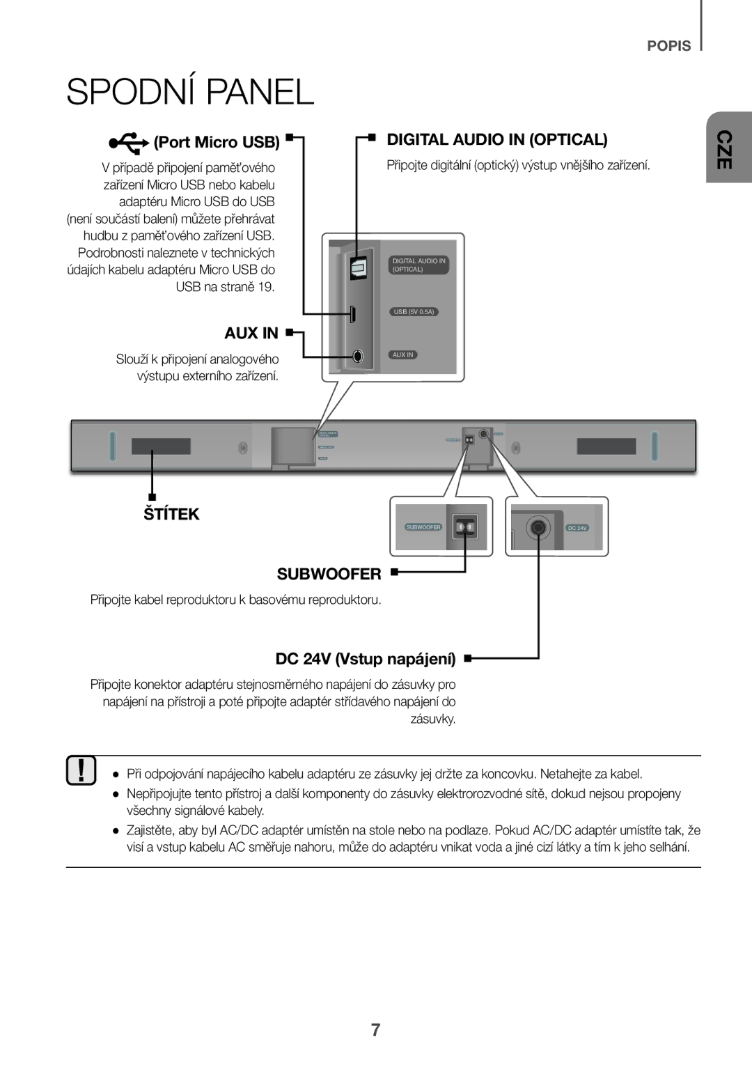 Samsung HW-K335/ZG, HW-K335/EN manual Spodní Panel, Port Micro USB, DC 24V Vstup napájení 