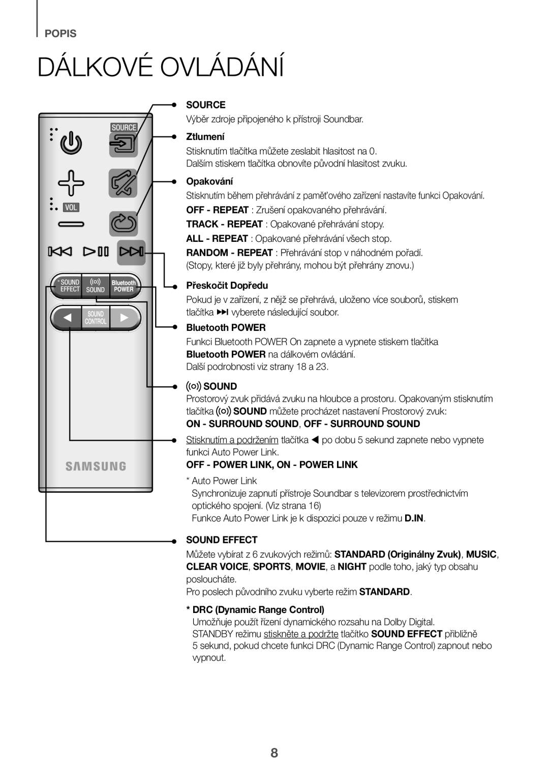 Samsung HW-K335/EN, HW-K335/ZG manual Dálkové Ovládání, Ztlumení, Opakování, Přeskočit Dopředu 