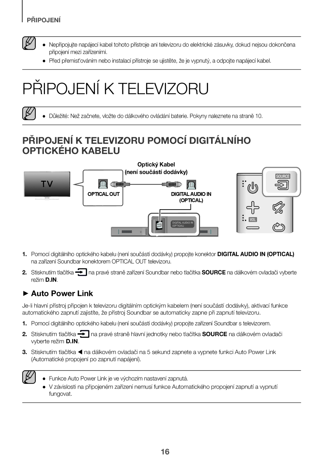 Samsung HW-K335/EN, HW-K335/ZG manual Připojení K Televizoru Pomocí Digitálního Optického Kabelu, Režim D.IN 