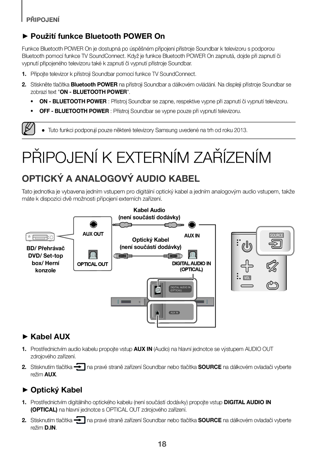 Samsung HW-K335/EN Připojení K Externím Zařízením, Optický a Analogový Audio Kabel, ++Použití funkce Bluetooth Power On 