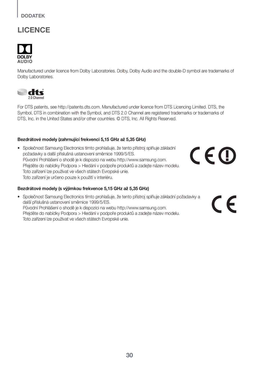 Samsung HW-K335/EN, HW-K335/ZG manual Licence, Bezdrátové modely zahrnující frekvenci 5,15 GHz až 5,35 GHz 