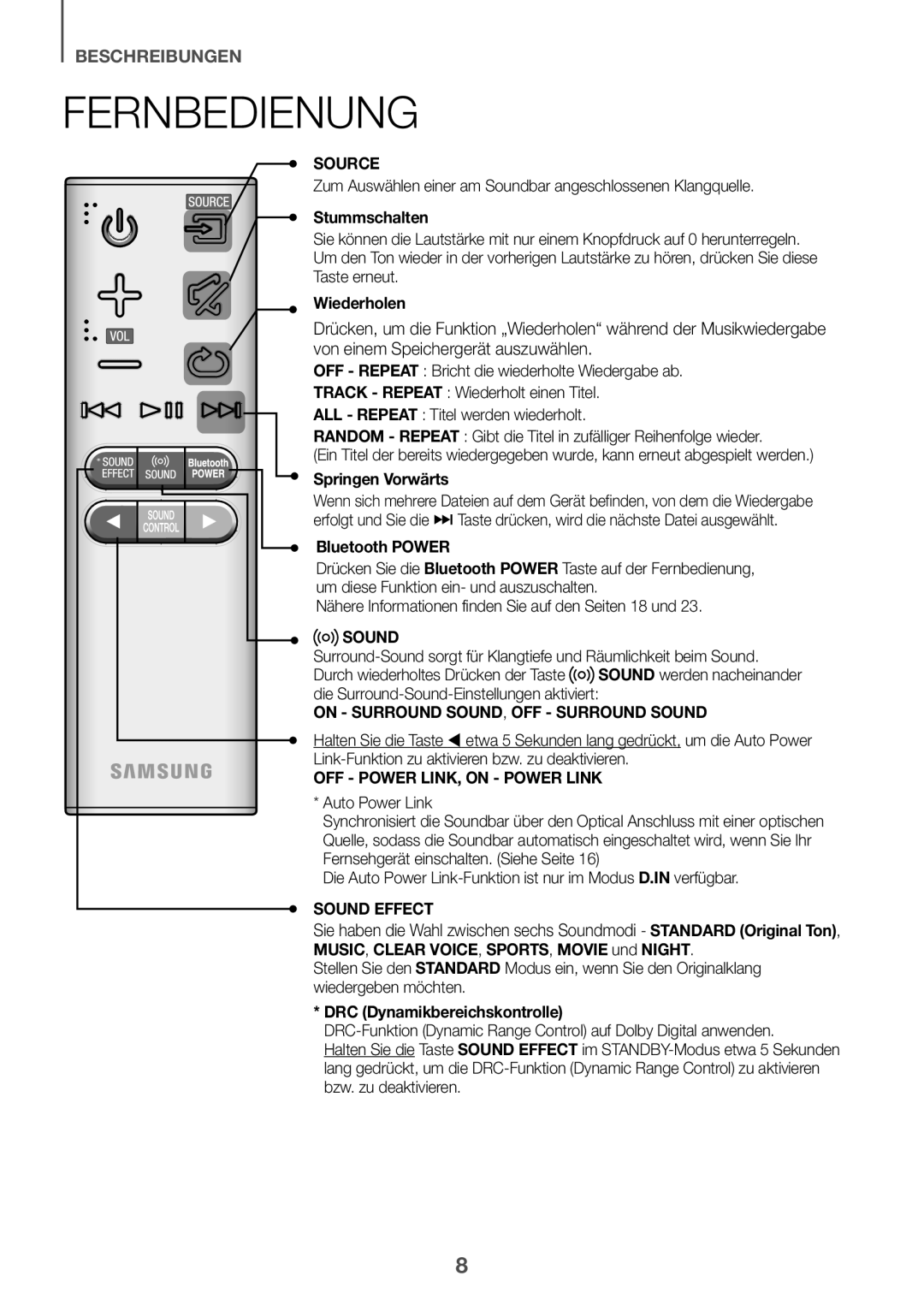 Samsung HW-K335/ZG, HW-K335/EN manual Fernbedienung 