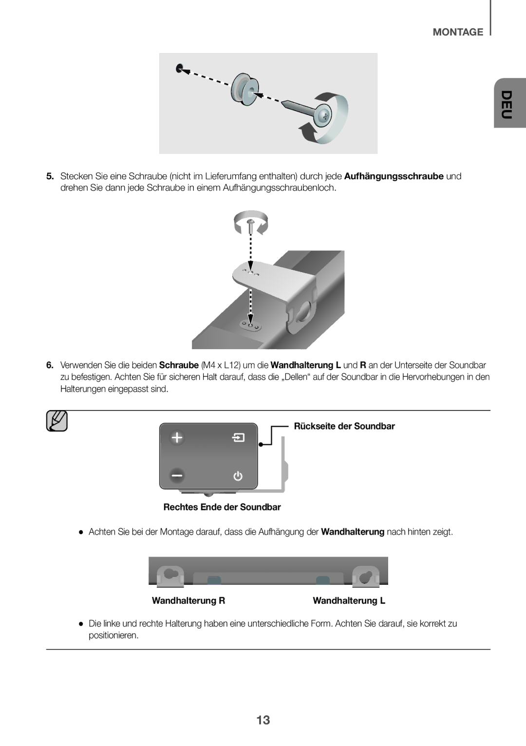 Samsung HW-K335/EN, HW-K335/ZG manual Rückseite der Soundbar Rechtes Ende der Soundbar, Wandhalterung R 