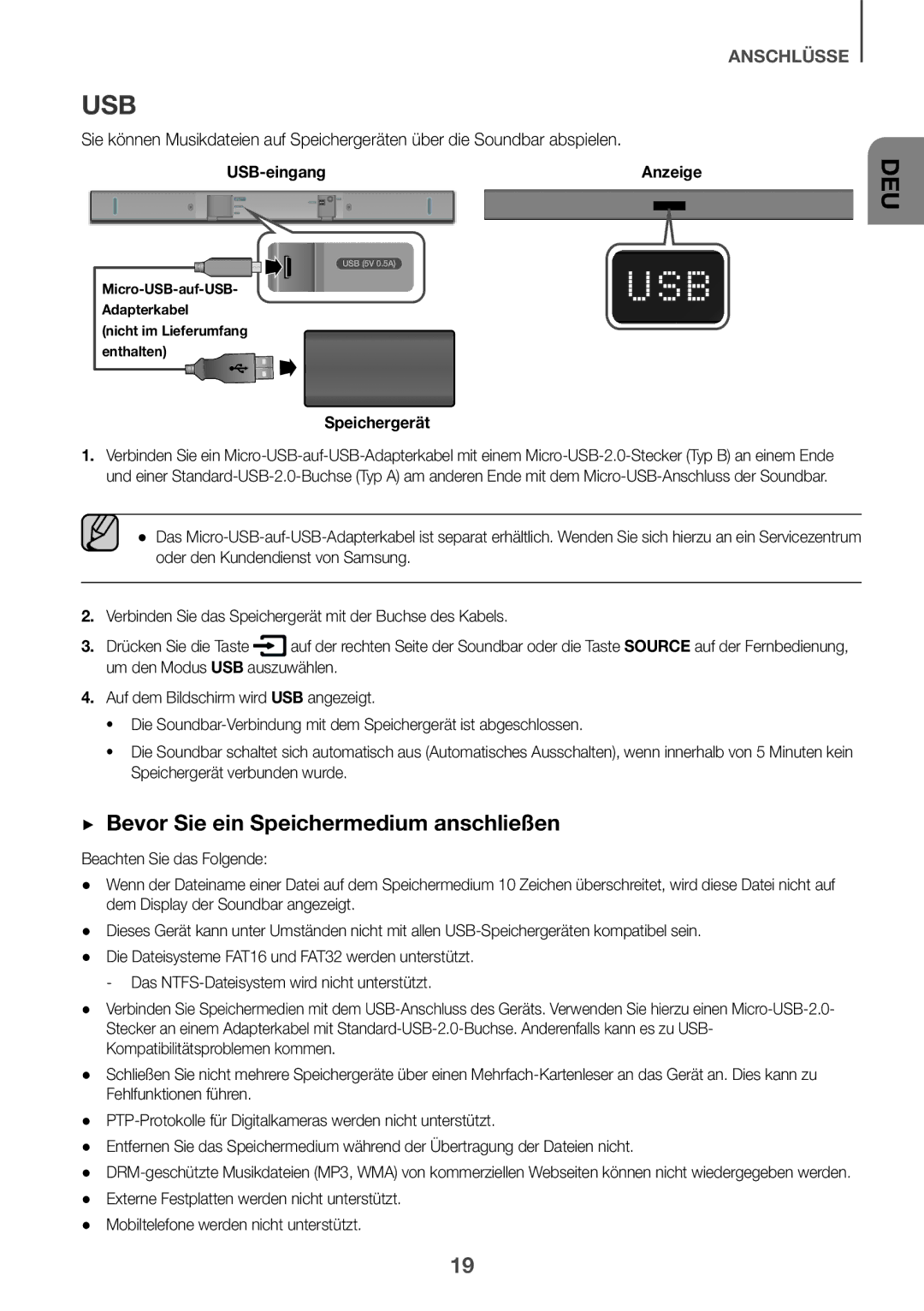 Samsung HW-K335/EN, HW-K335/ZG manual ++ Bevor Sie ein Speichermedium anschließen, USB-eingang, Speichergerät 