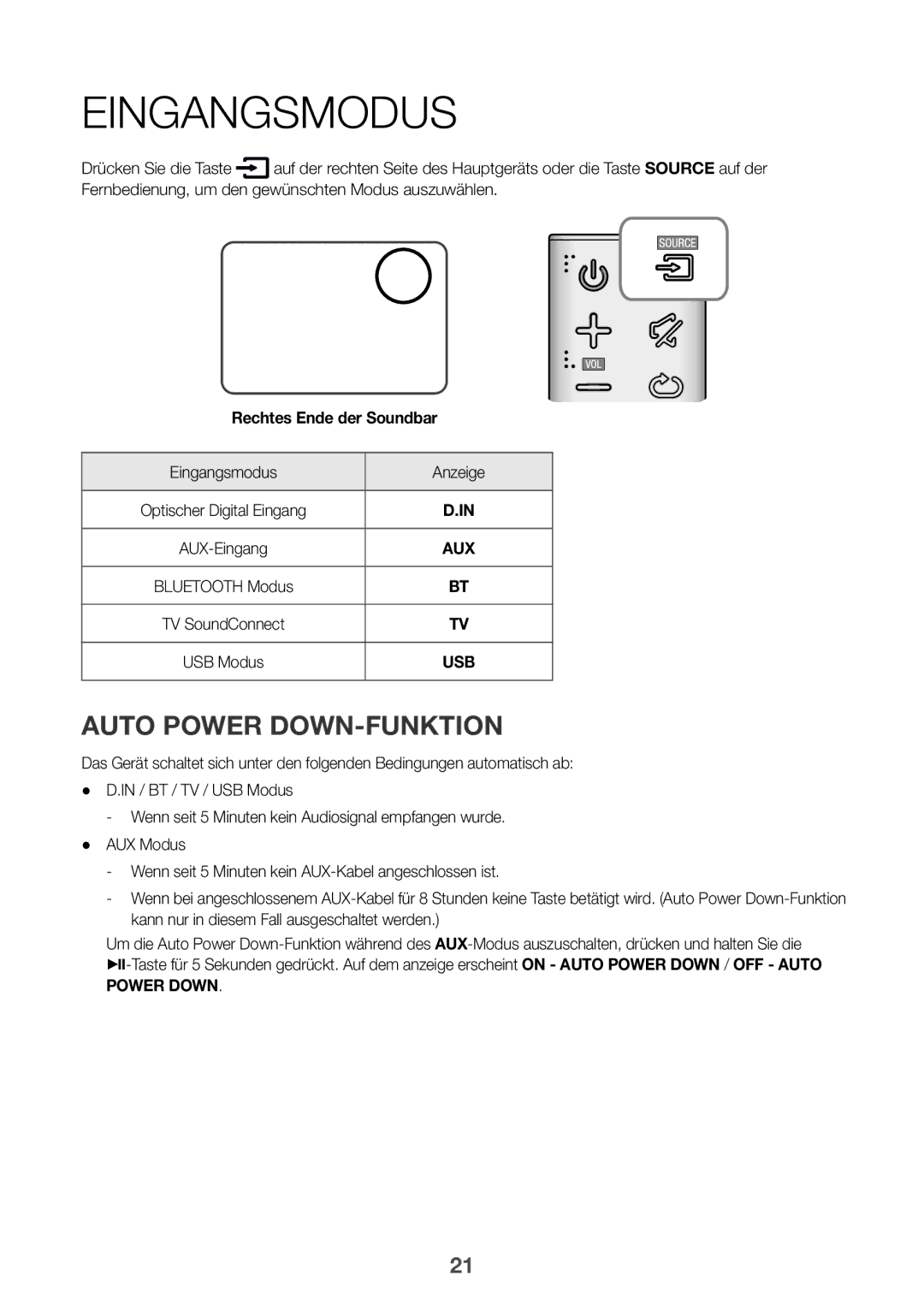 Samsung HW-K335/EN, HW-K335/ZG manual Auto Power DOWN-FUNKTION, Eingangsmodus Anzeige 