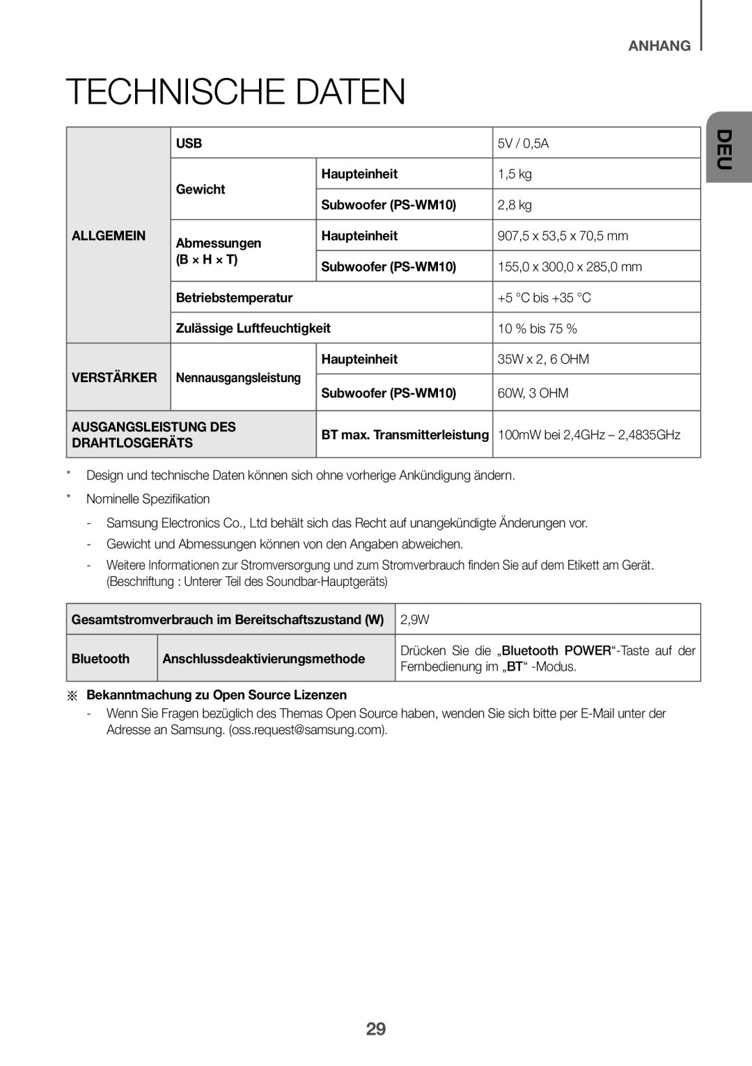 Samsung HW-K335/EN, HW-K335/ZG manual Technische Daten, Allgemein, Verstärker, Ausgangsleistung DES, Drahtlosgeräts 