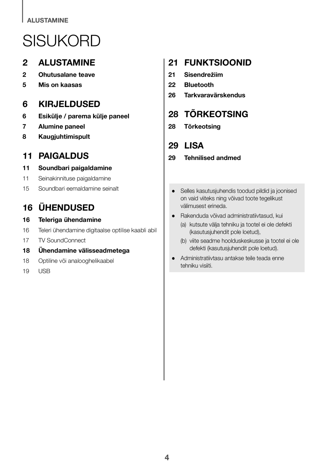 Samsung HW-K335/EN, HW-K335/ZG manual Sisukord, Seinakinnituse paigaldamine Soundbari eemaldamine seinalt 