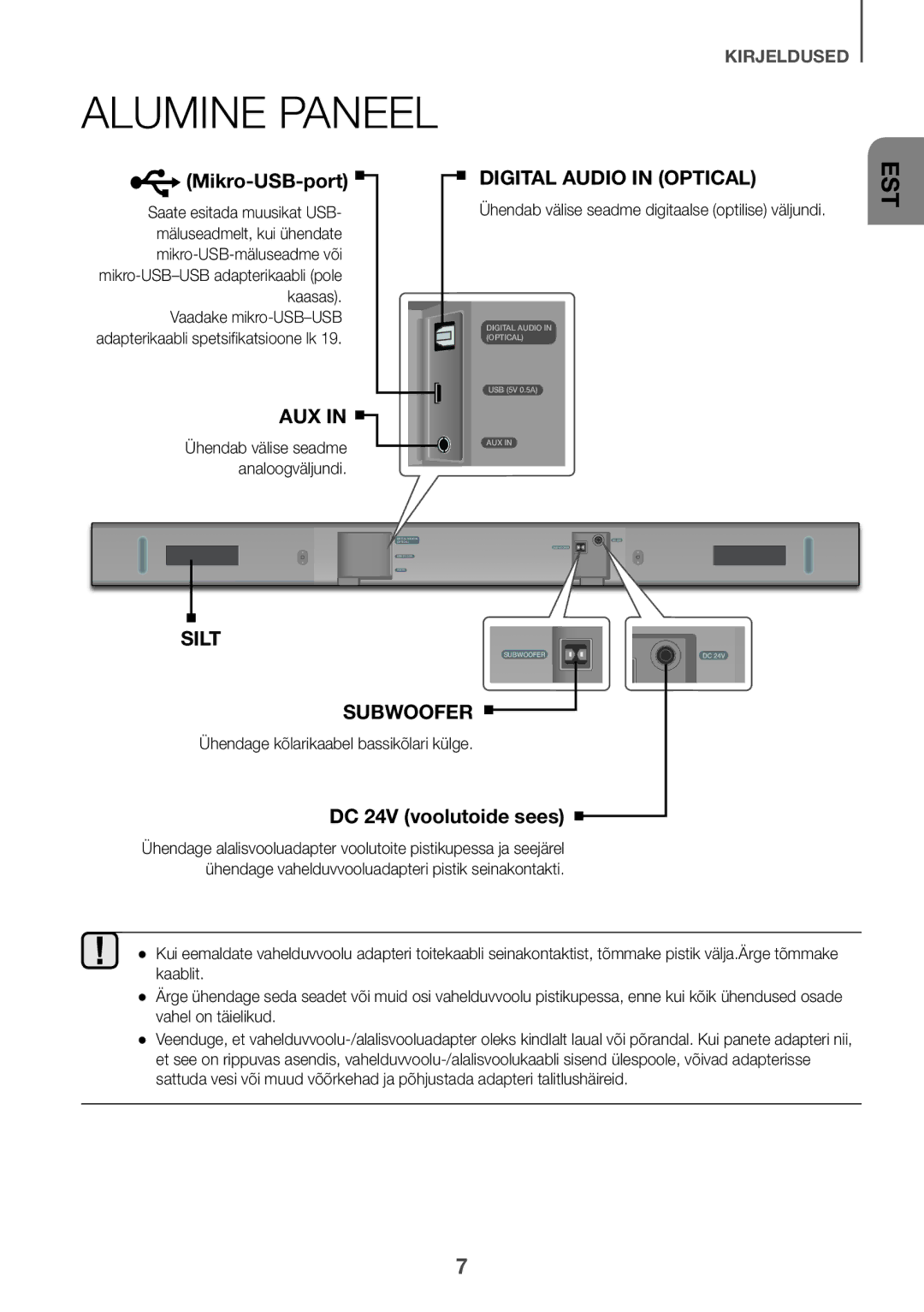 Samsung HW-K335/ZG manual Alumine Paneel, Mikro-USB-port, DC 24V voolutoide sees, Ühendage kõlarikaabel bassikõlari külge 