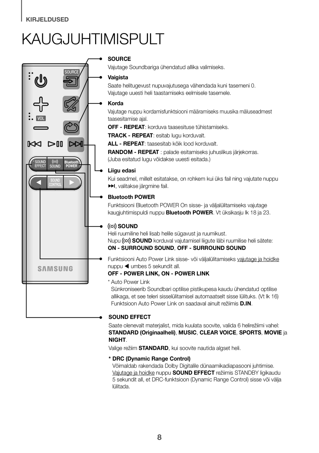 Samsung HW-K335/EN, HW-K335/ZG manual Kaugjuhtimispult, Vaigista, Korda, Liigu edasi, Night 