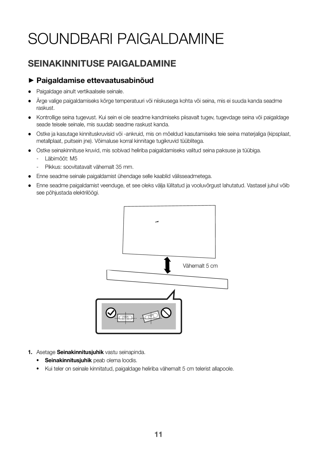 Samsung HW-K335/ZG, HW-K335/EN manual Soundbari Paigaldamine, Seinakinnituse Paigaldamine, ++Paigaldamise ettevaatusabinõud 