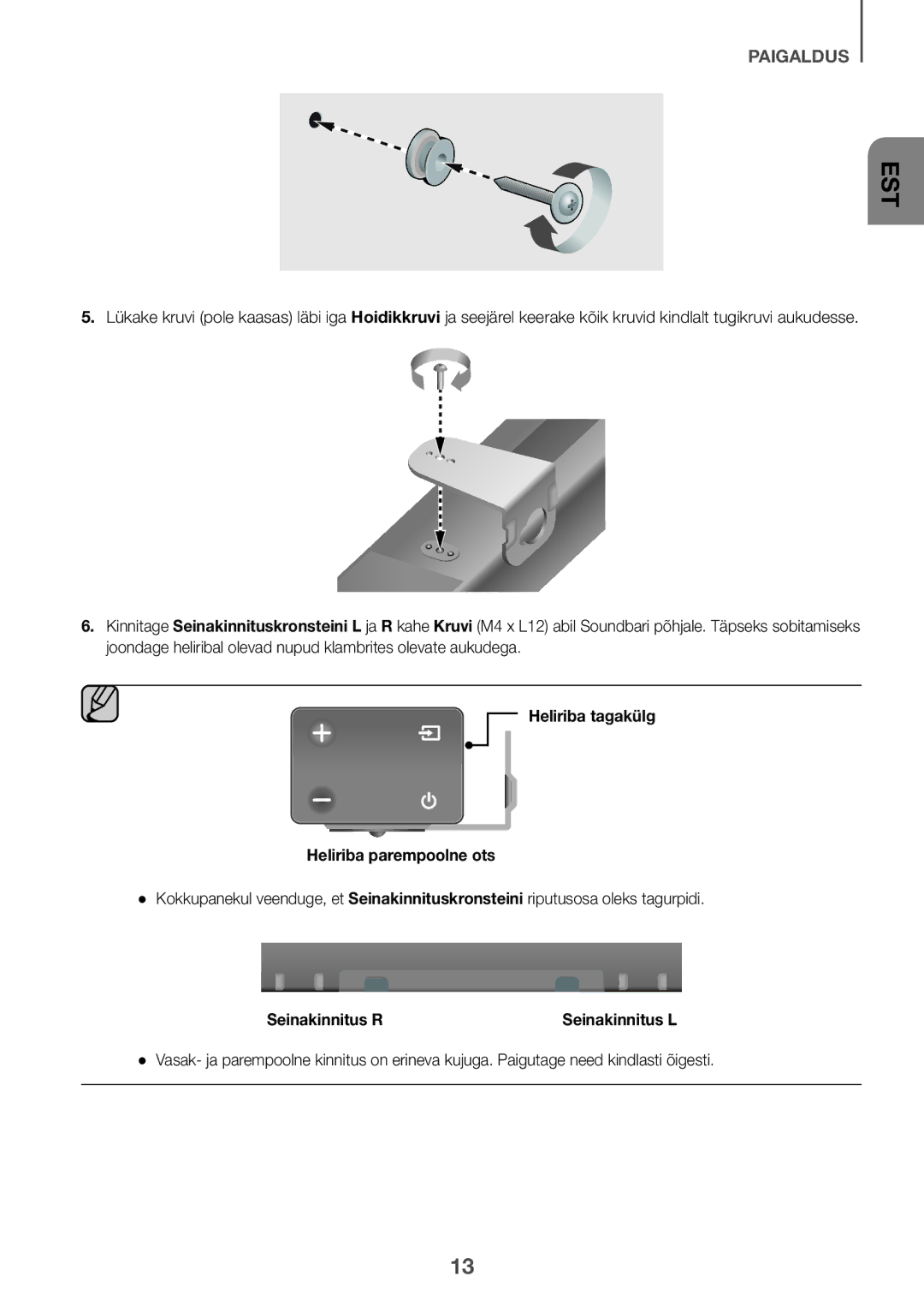 Samsung HW-K335/ZG, HW-K335/EN manual Heliriba tagakülg Heliriba parempoolne ots, Seinakinnitus R 