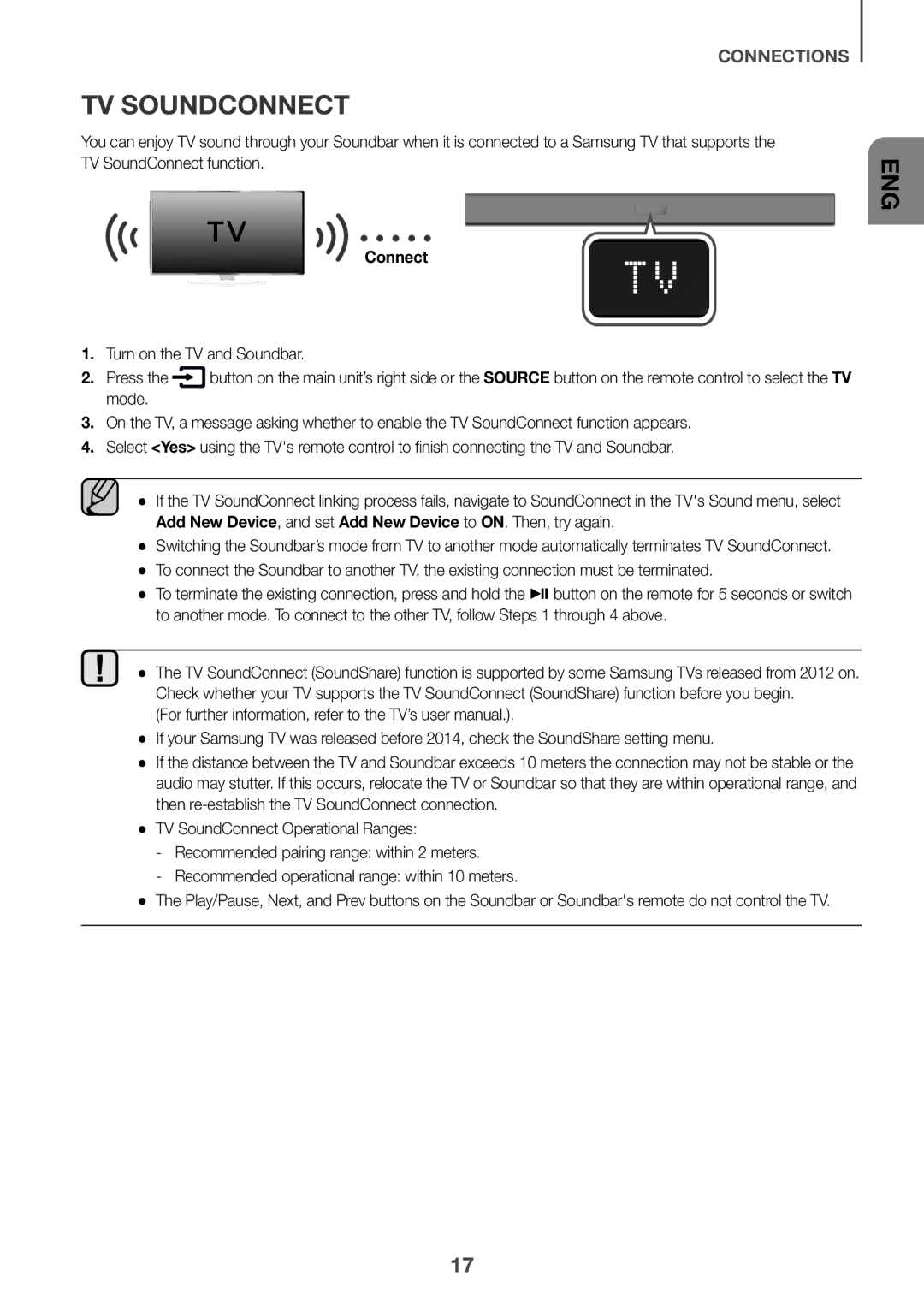 Samsung HW-K335/EN TV Soundconnect, Turn on the TV and Soundbar, Mode Enable the TV SoundConnect function appears 