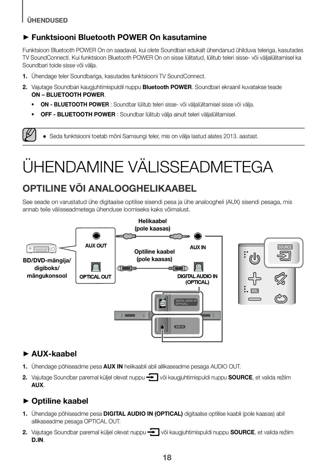 Samsung HW-K335/EN Ühendamine Välisseadmetega, Optiline VÕI Analooghelikaabel, ++Funktsiooni Bluetooth Power On kasutamine 