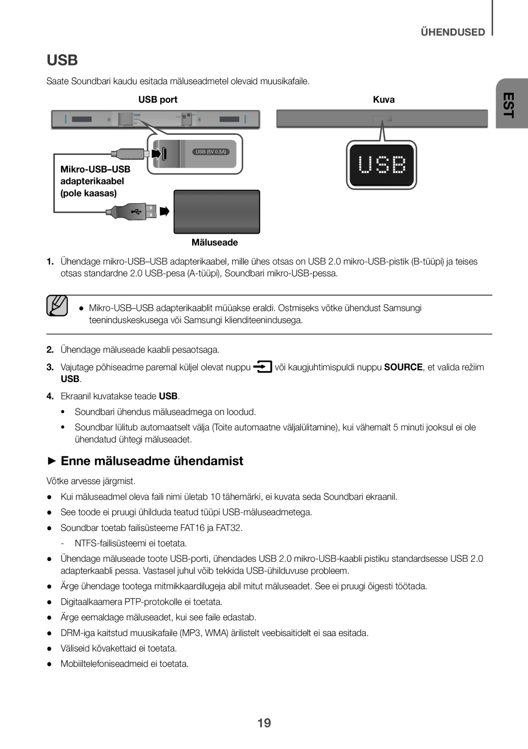 Samsung HW-K335/ZG, HW-K335/EN manual ++Enne mäluseadme ühendamist, Mikro-USB-USB adapterikaabel pole kaasas Mäluseade 