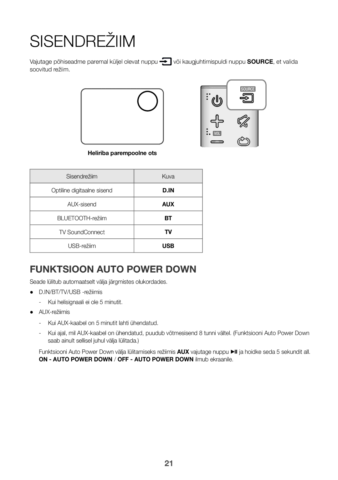 Samsung HW-K335/ZG, HW-K335/EN manual Funktsioon Auto Power Down, Soovitud režiim, Sisendrežiim Kuva 