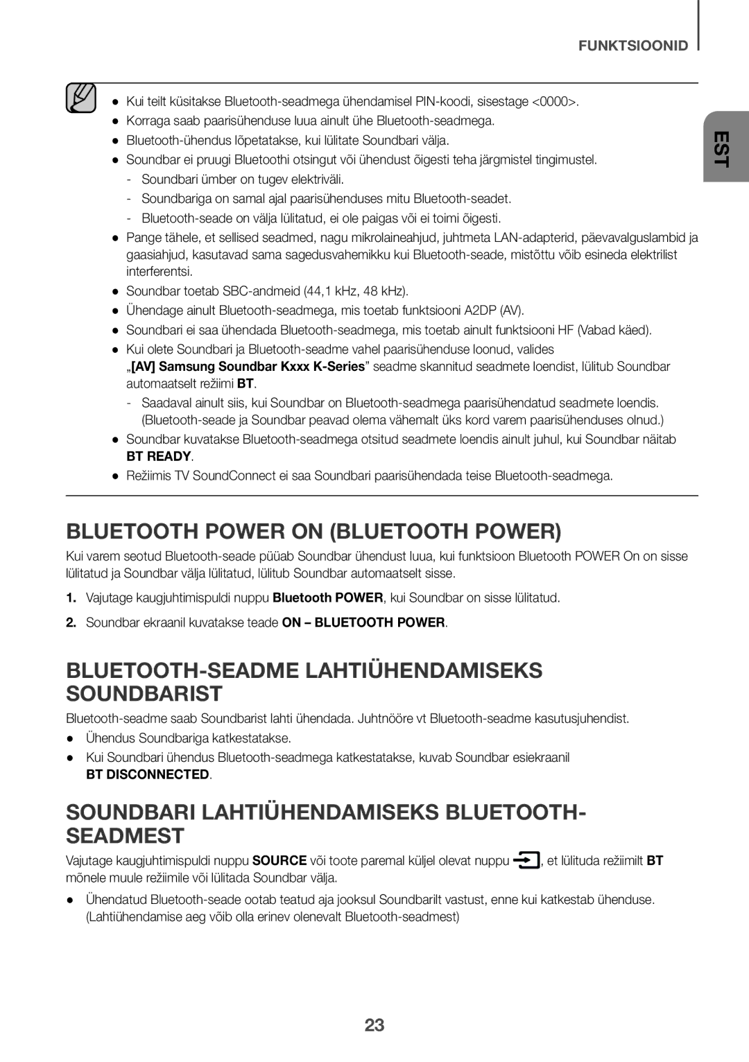 Samsung HW-K335/ZG manual BLUETOOTH-SEADME Lahtiühendamiseks Soundbarist, Soundbari Lahtiühendamiseks BLUETOOTH- Seadmest 