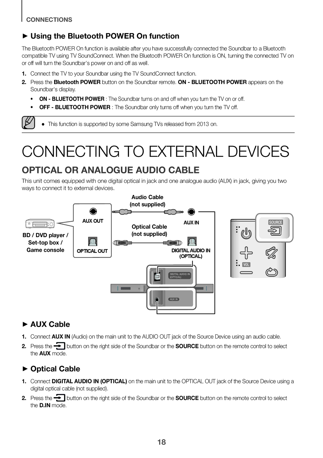 Samsung HW-K335/ZG manual Connecting to External Devices, Optical or Analogue Audio Cable, ++Optical Cable, ++AUX Cable 