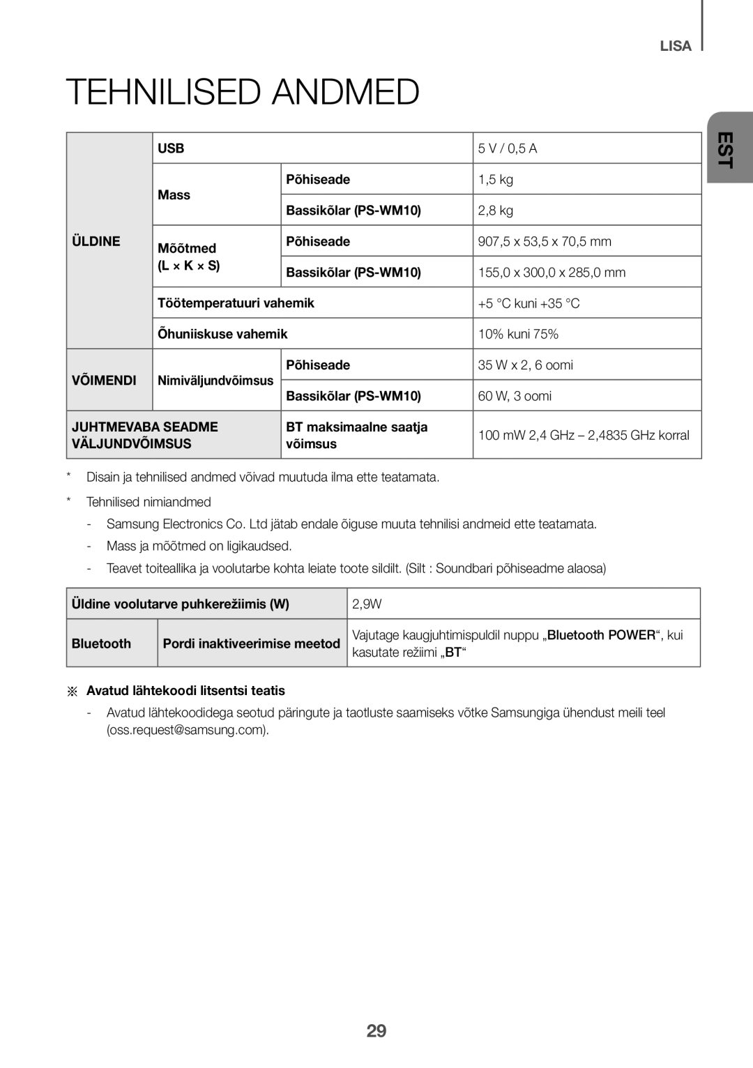 Samsung HW-K335/ZG, HW-K335/EN manual Tehnilised Andmed, Üldine, Võimendi, Juhtmevaba Seadme, Väljundvõimsus 