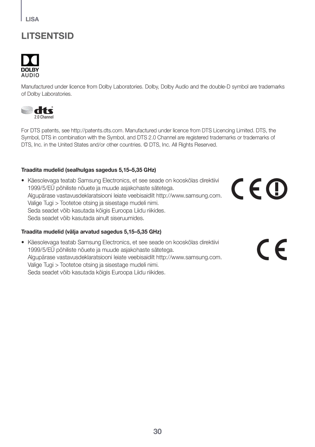 Samsung HW-K335/EN, HW-K335/ZG manual Litsentsid, Traadita mudelid sealhulgas sagedus 5,15-5,35 GHz 