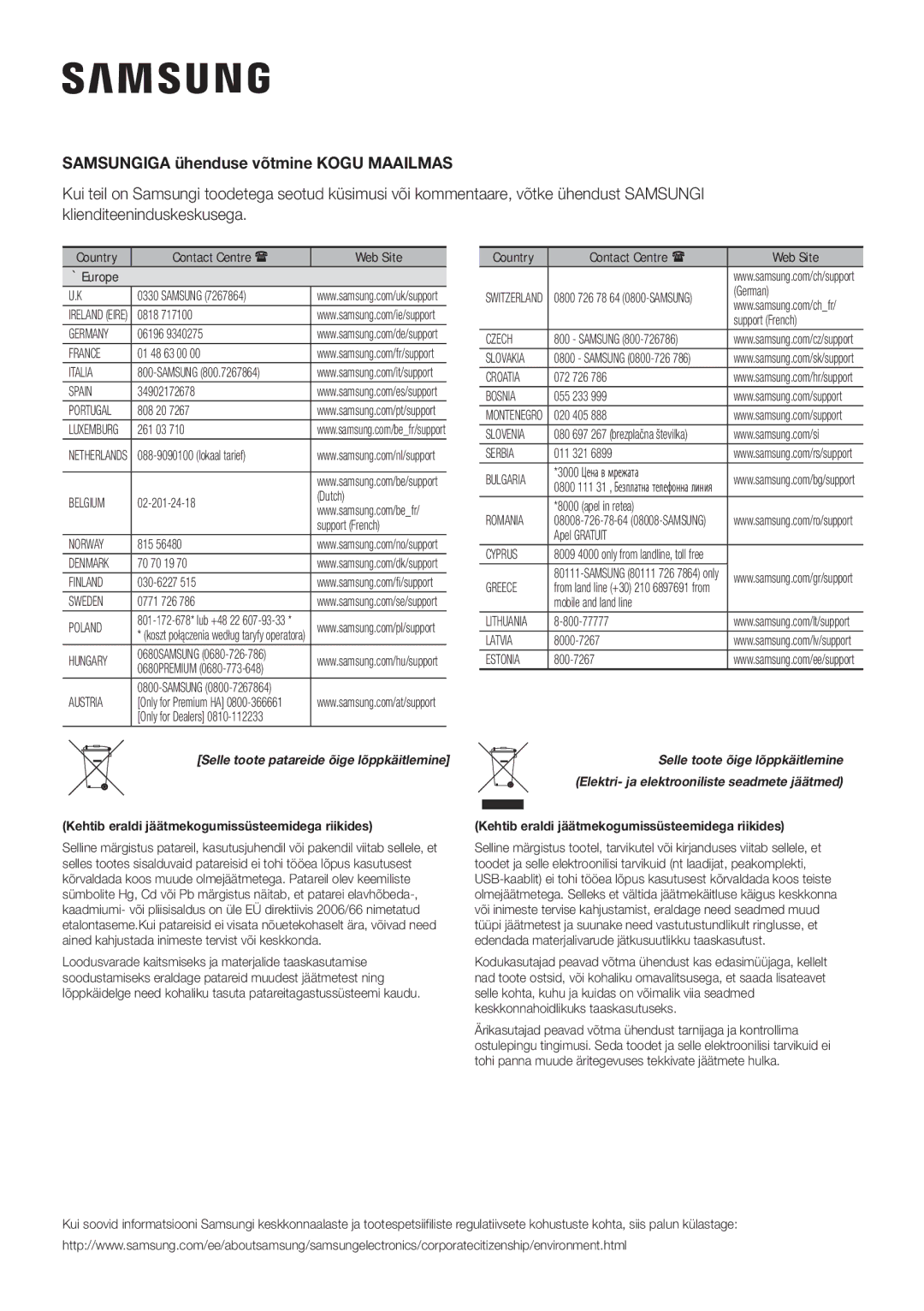 Samsung HW-K335/ZG, HW-K335/EN Samsungiga ühenduse võtmine Kogu Maailmas, Kehtib eraldi jäätmekogumissüsteemidega riikides 