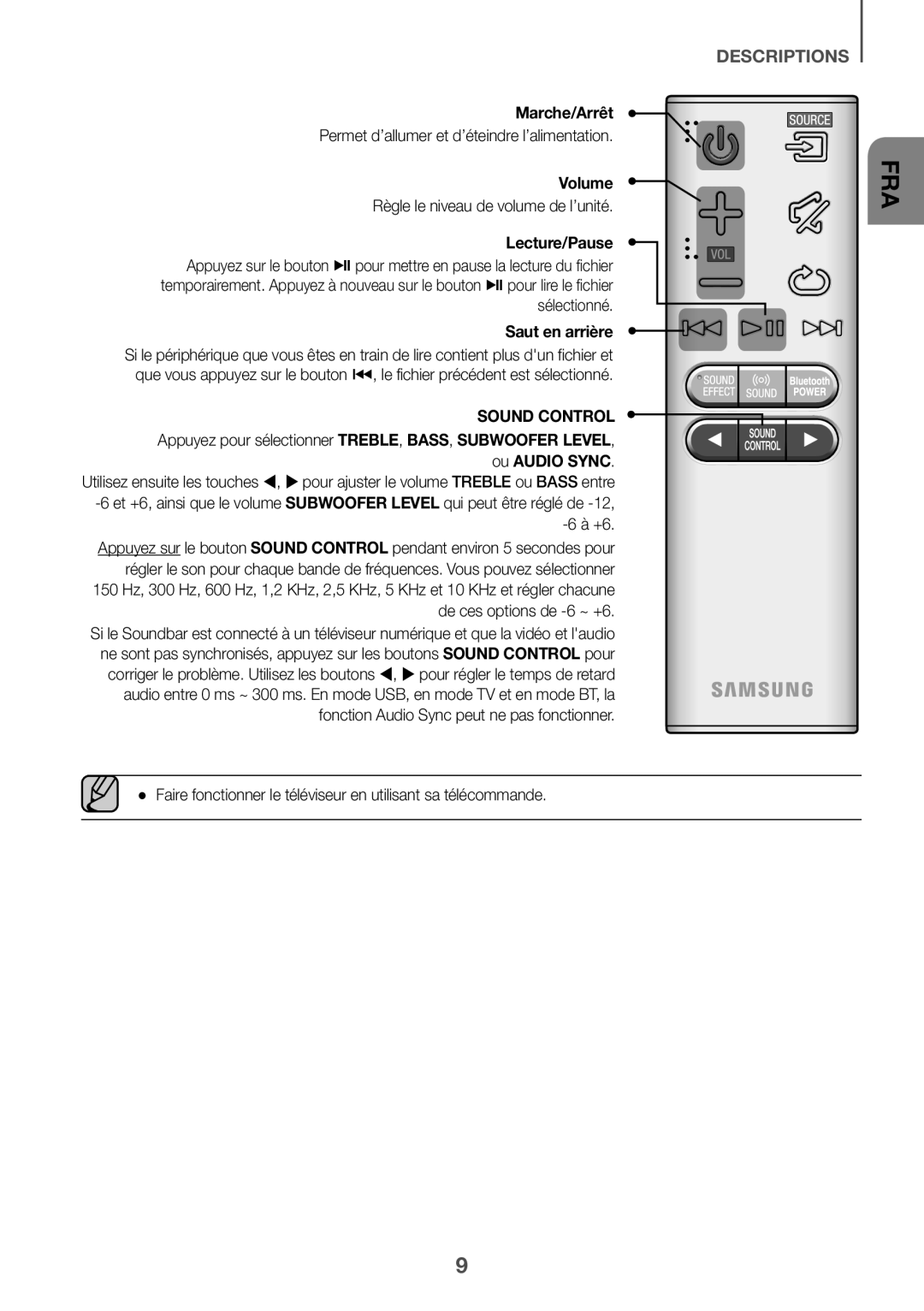 Samsung HW-K335/EN, HW-K335/ZG manual Marche/Arrêt, Faire fonctionner le téléviseur en utilisant sa télécommande 