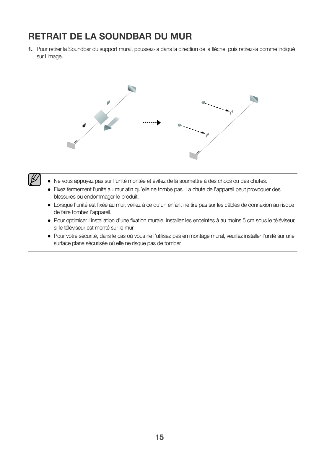 Samsung HW-K335/EN, HW-K335/ZG manual Retrait DE LA Soundbar DU MUR 