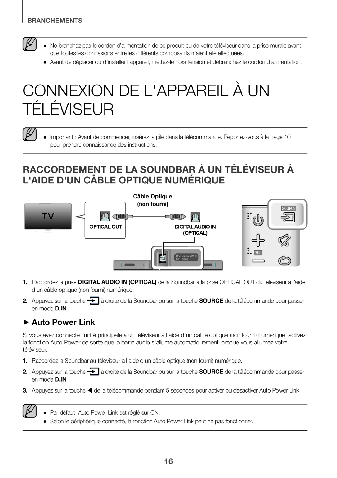 Samsung HW-K335/ZG, HW-K335/EN manual Connexion DE Lappareil À UN Téléviseur, Câble Optique Non fourni, En mode D.IN 