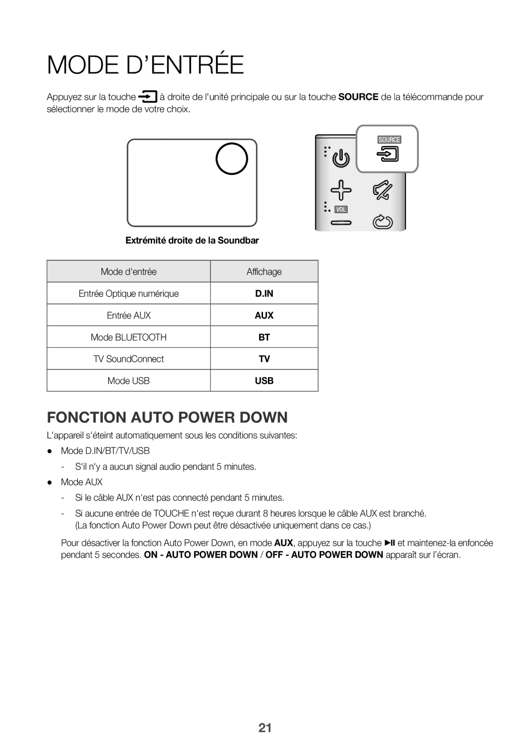 Samsung HW-K335/EN, HW-K335/ZG manual Mode D’ENTRÉE, Fonction Auto Power Down, Mode dentrée Affichage 