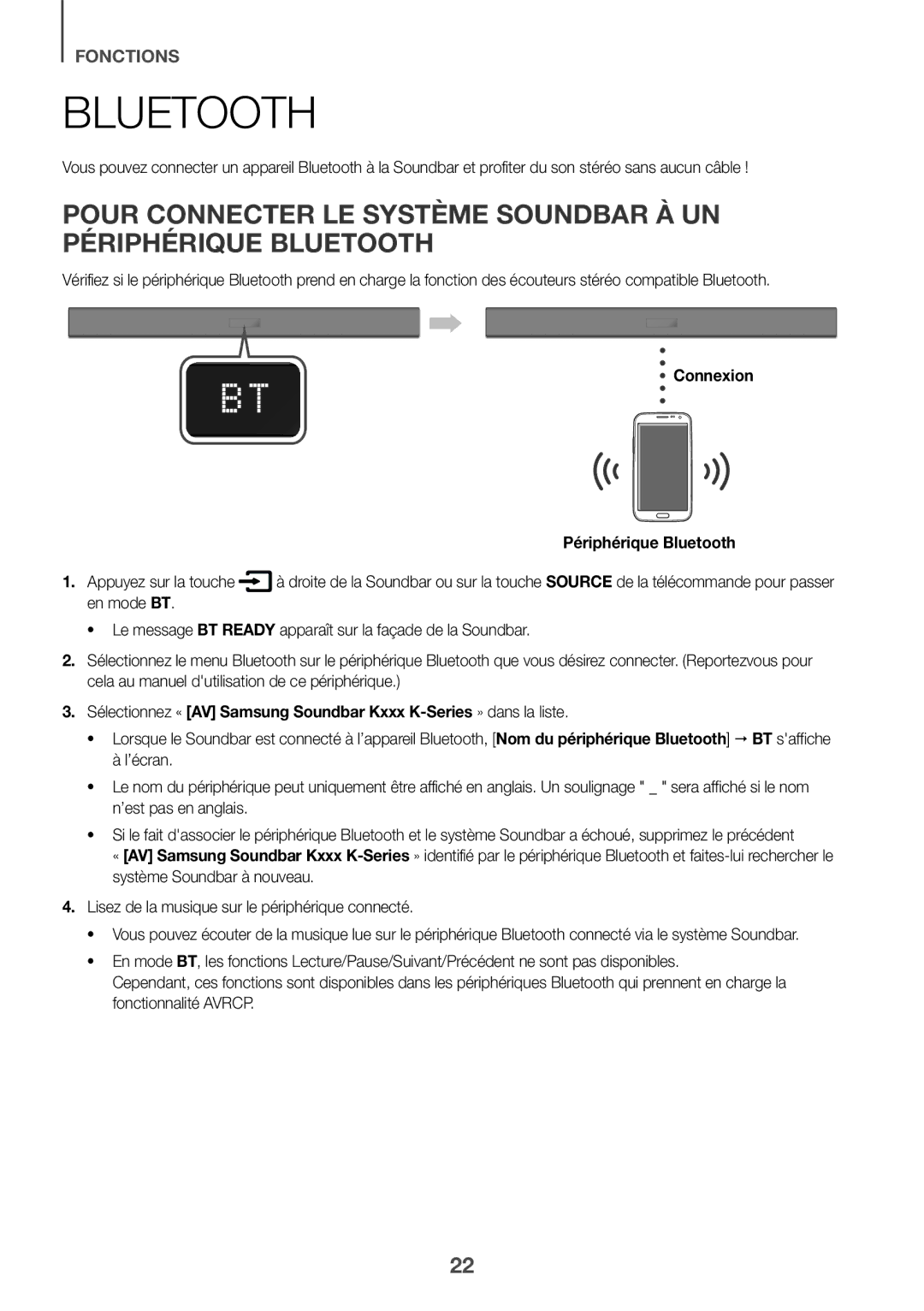 Samsung HW-K335/ZG, HW-K335/EN manual Connexion Périphérique Bluetooth Appuyez sur la touche, En mode BT 